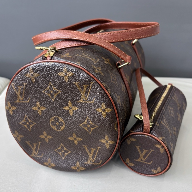 【狀況良好】Louis Vuitton 路易威登 LV 老花紅皮30cm圓桶子母包手提單肩包-3