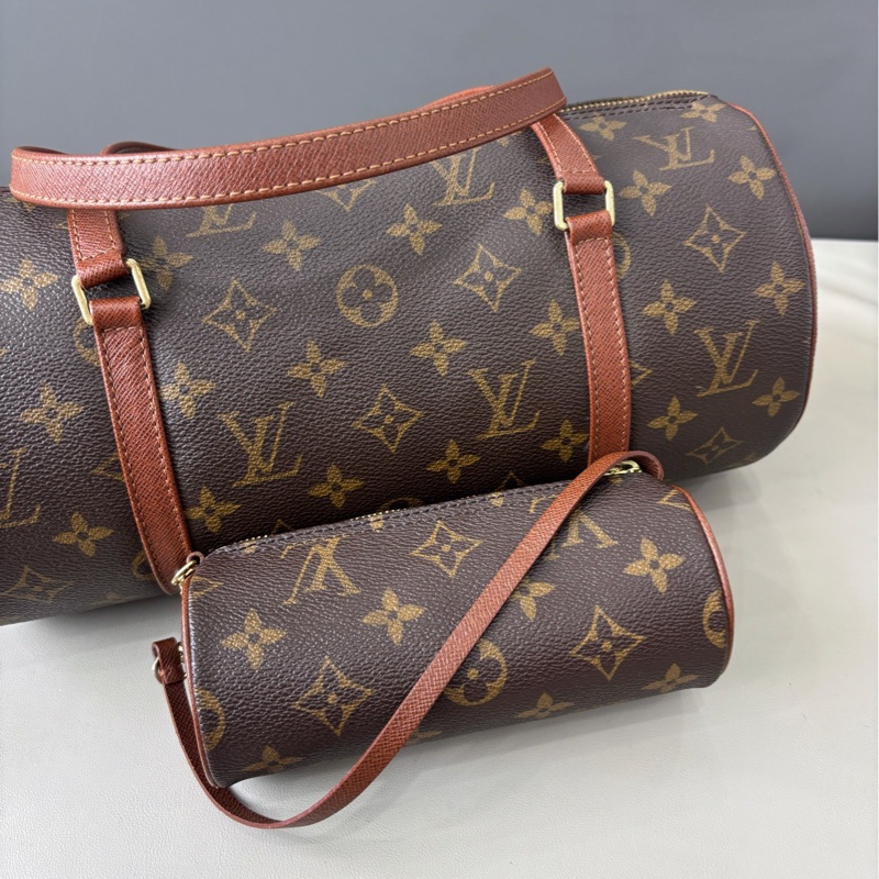 【狀況良好】Louis Vuitton 路易威登 LV 老花紅皮30cm圓桶子母包手提單肩包-4