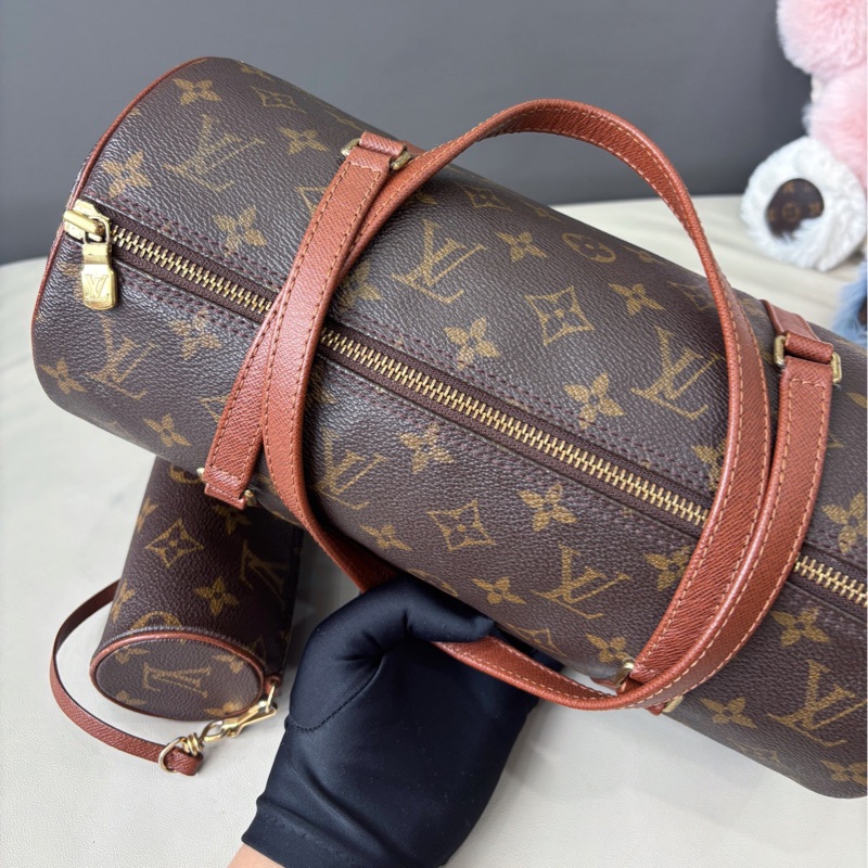 【狀況良好】Louis Vuitton 路易威登 LV 老花紅皮30cm圓桶子母包手提單肩包-5