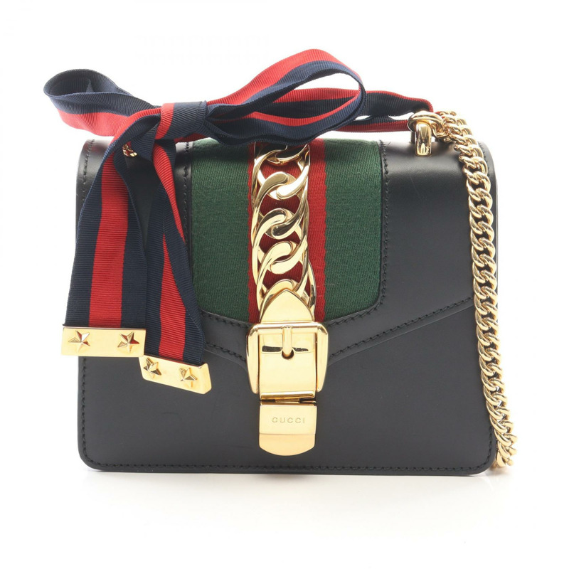 GUCCI Sylvie Web Line 鏈條斜背包 431666 黑色皮革 二手 GG-0