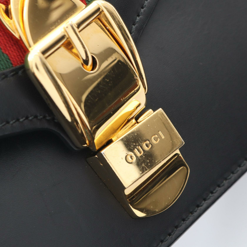 GUCCI Sylvie Web Line 鏈條斜背包 431666 黑色皮革 二手 GG-8