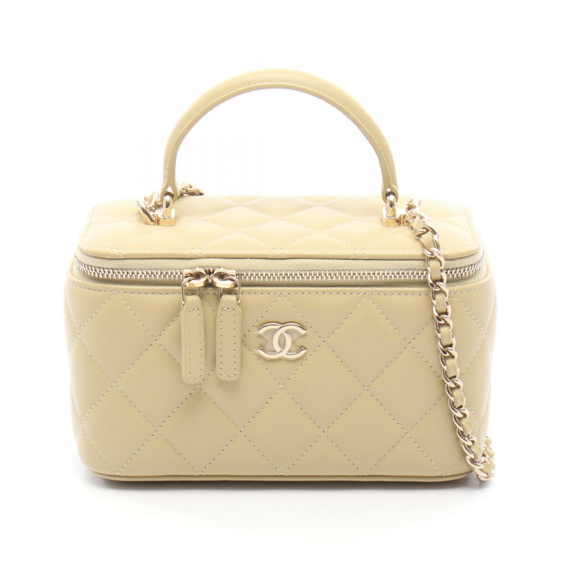 香奈兒 (CHANEL) 絎縫鏈條斜背包 AP2199 羊皮 米色 二手 金色五金-0