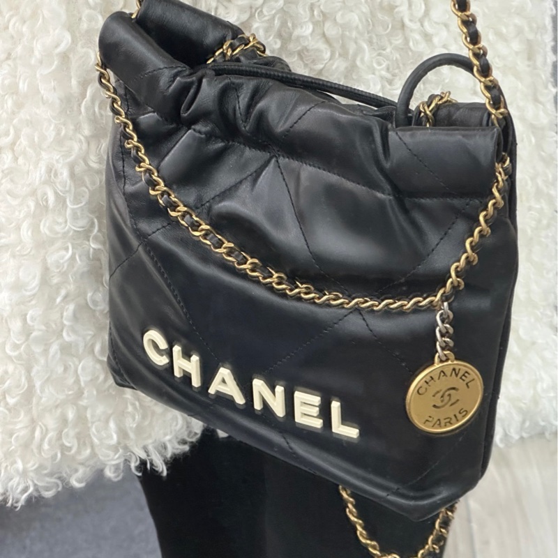 超夯爆款❤️🔥全配🈶購證🆕Chanel香奈兒黑金熊貓色字母mini22bag垃圾袋單肩斜挎鏈條包-3