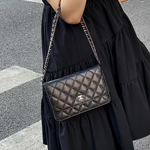經典不敗😍99新🆕Chanel香奈兒黑銀荔枝牛皮woc單肩斜挎鏈條包發財包