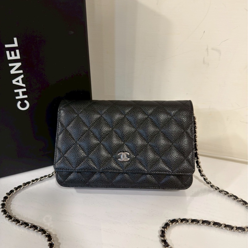 經典不敗😍99新🆕Chanel香奈兒黑銀荔枝牛皮woc單肩斜挎鏈條包發財包-8
