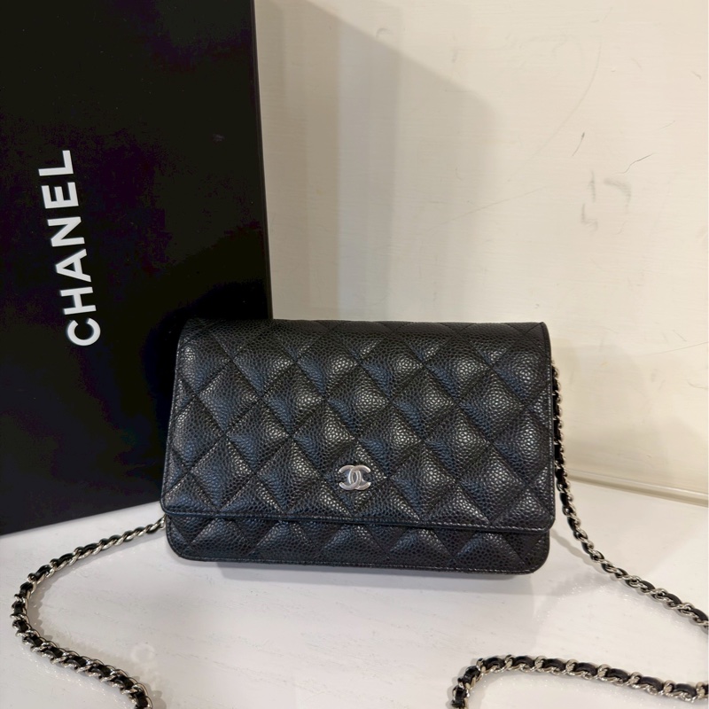 經典不敗😍99新🆕Chanel香奈兒黑銀荔枝牛皮woc單肩斜挎鏈條包發財包-9