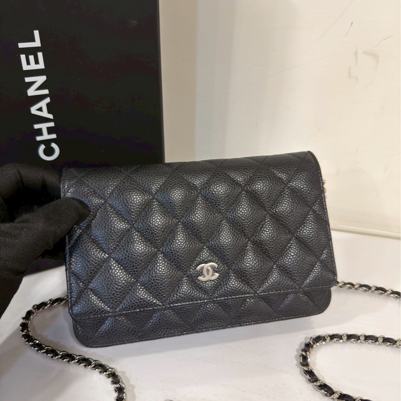 經典不敗😍99新🆕Chanel香奈兒黑銀荔枝牛皮woc單肩斜挎鏈條包發財包-10