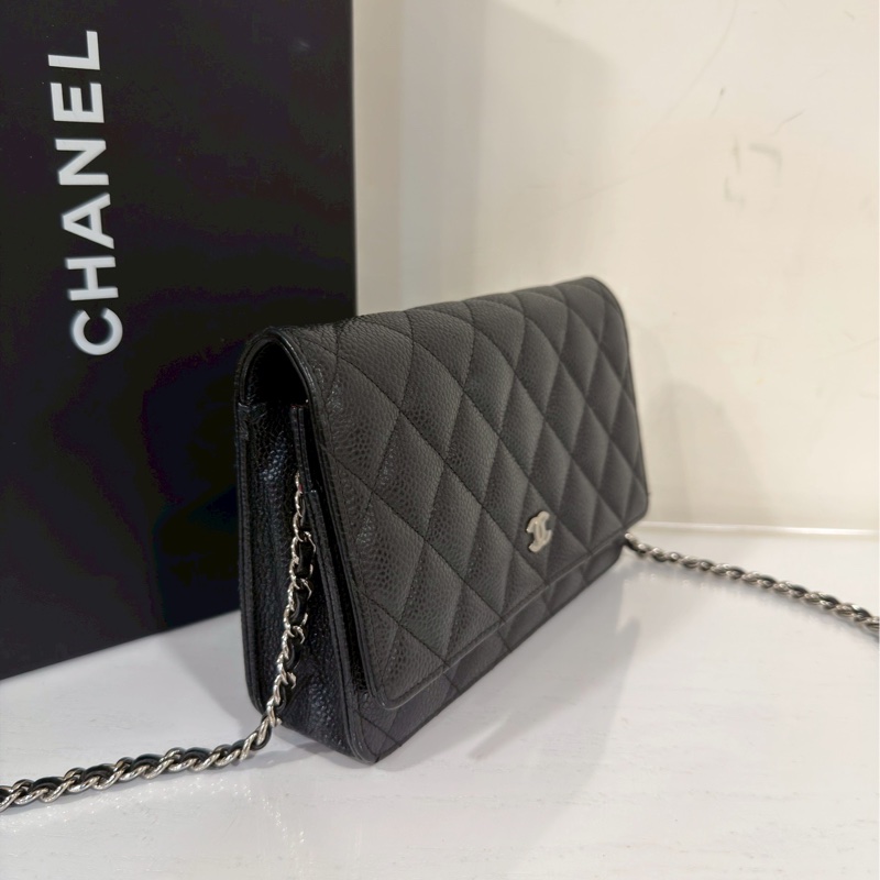 經典不敗😍99新🆕Chanel香奈兒黑銀荔枝牛皮woc單肩斜挎鏈條包發財包-11