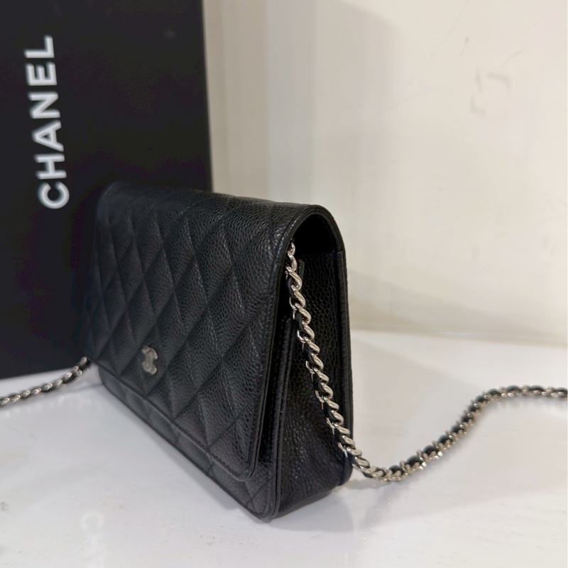 經典不敗😍99新🆕Chanel香奈兒黑銀荔枝牛皮woc單肩斜挎鏈條包發財包-12