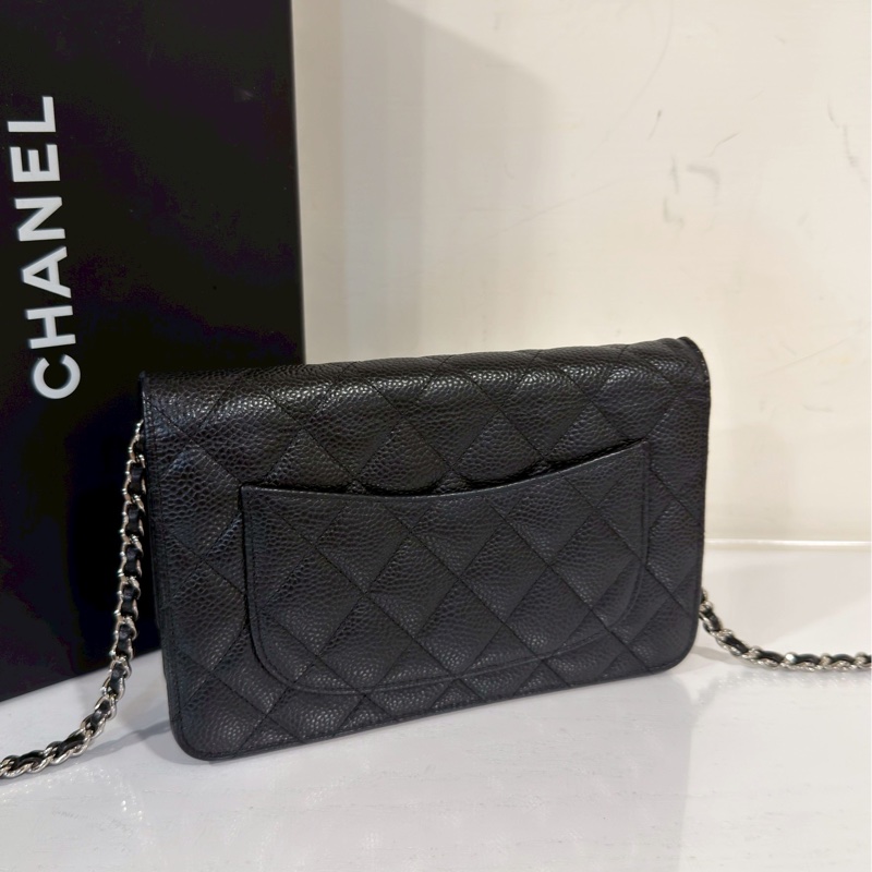 經典不敗😍99新🆕Chanel香奈兒黑銀荔枝牛皮woc單肩斜挎鏈條包發財包-13