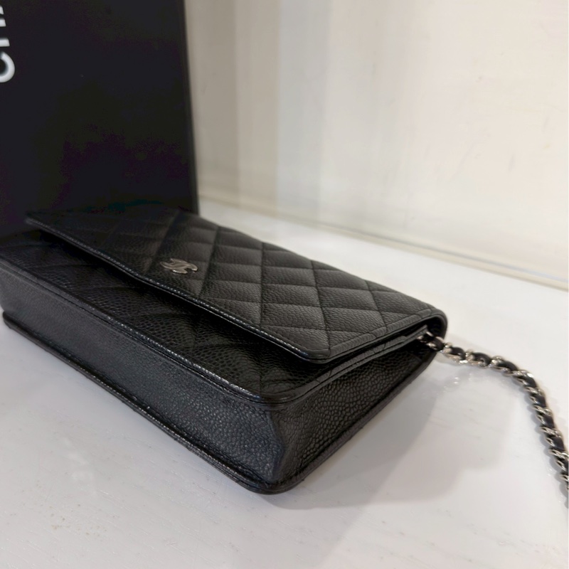 經典不敗😍99新🆕Chanel香奈兒黑銀荔枝牛皮woc單肩斜挎鏈條包發財包-15