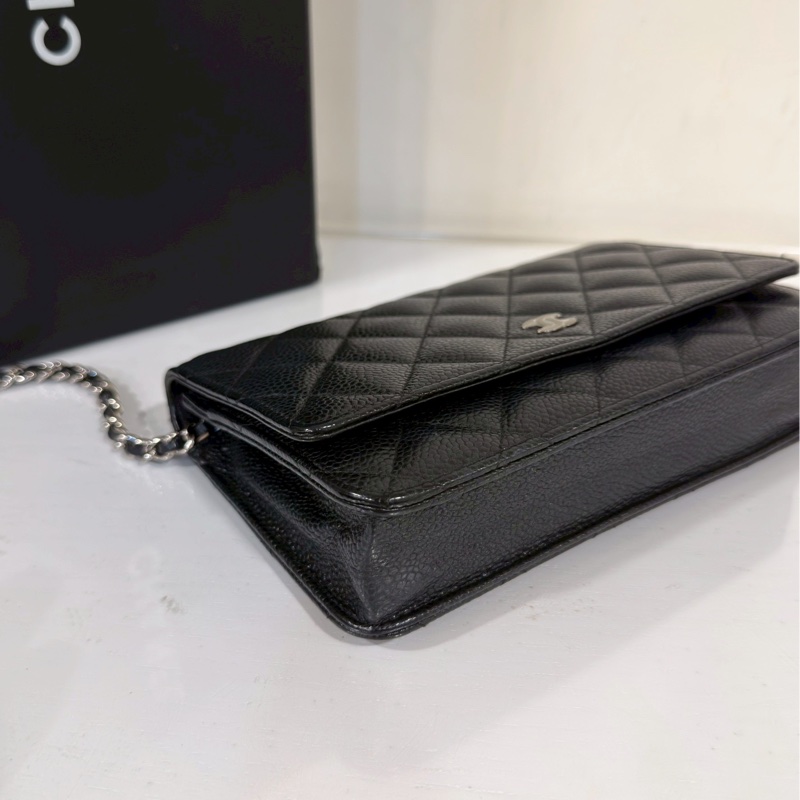 經典不敗😍99新🆕Chanel香奈兒黑銀荔枝牛皮woc單肩斜挎鏈條包發財包-16
