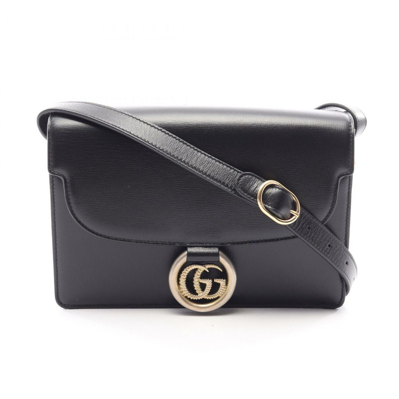 GUCCI 雙 G 斜背包 589474 小牛皮 黑色 二手 女士-0