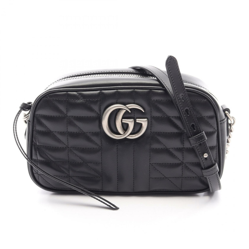 GUCCI GG Marmont 相機肩斜背包 447632 黑色皮革 二手 女士-0
