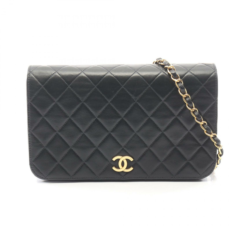 香奈兒 (CHANEL) 絎縫全翻蓋按扣鏈條單肩背包，羊皮材質，黑色，金色五金-0