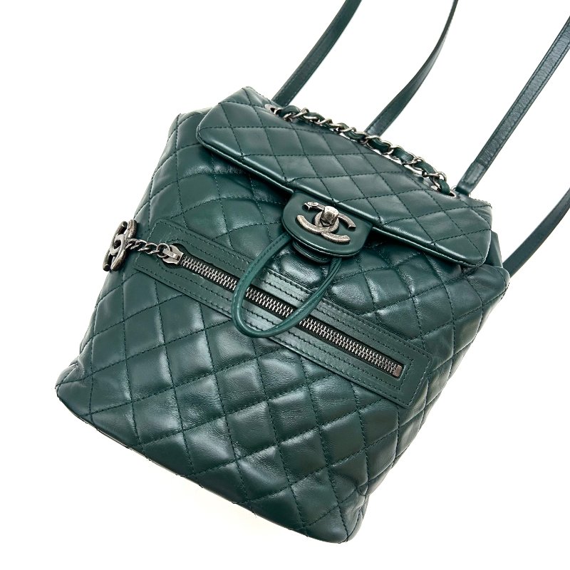 CHANEL 綠色銀扣油蠟牛皮 薩爾蘇堡後背包20*22*10 98新配件塵袋 保卡-3