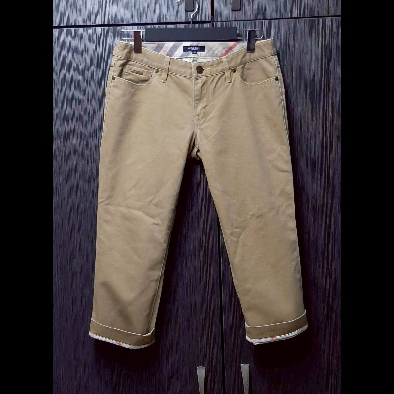 （日本製MIJ）BURBERRY 博柏利 LONDON 女棕色＆經典格紋七分牛仔褲38號-0