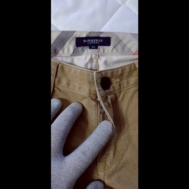（日本製MIJ）BURBERRY 博柏利 LONDON 女棕色＆經典格紋七分牛仔褲38號-5