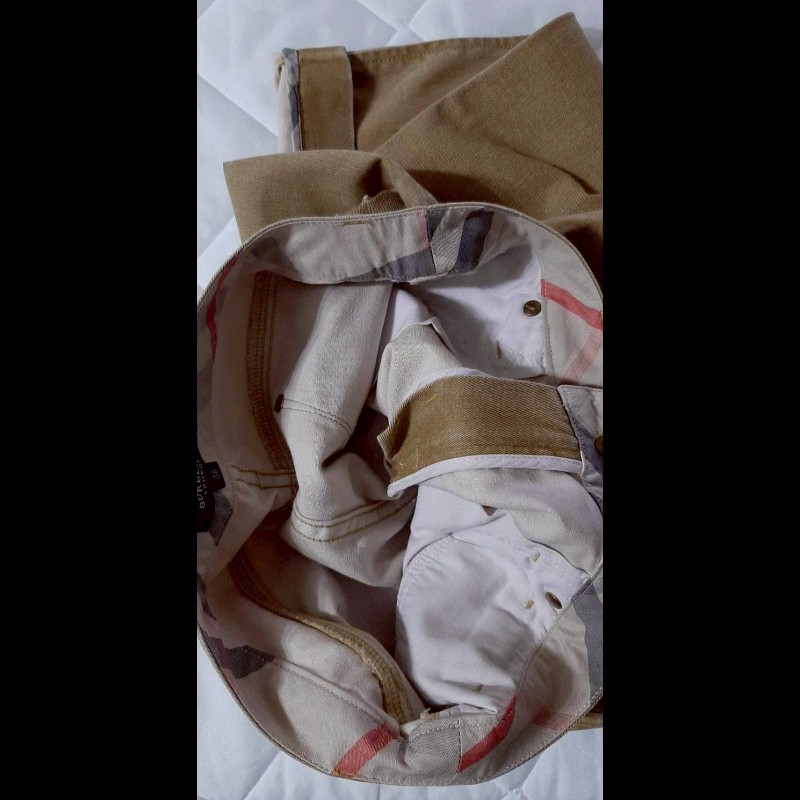 （日本製MIJ）BURBERRY 博柏利 LONDON 女棕色＆經典格紋七分牛仔褲38號-6
