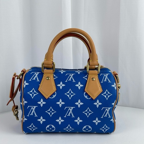 🔥 LOUIS VUITTON SPEEDY 30 藍色牛皮老花波士頓包手提包斜挎包 芯片 金色五金 ❤️正品保障