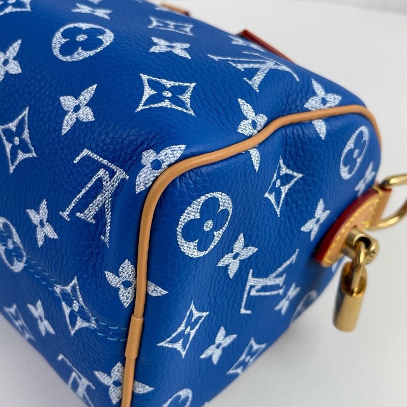 🔥 LOUIS VUITTON SPEEDY 30 藍色牛皮老花波士頓包手提包斜挎包 芯片 金色五金 ❤️正品保障-3