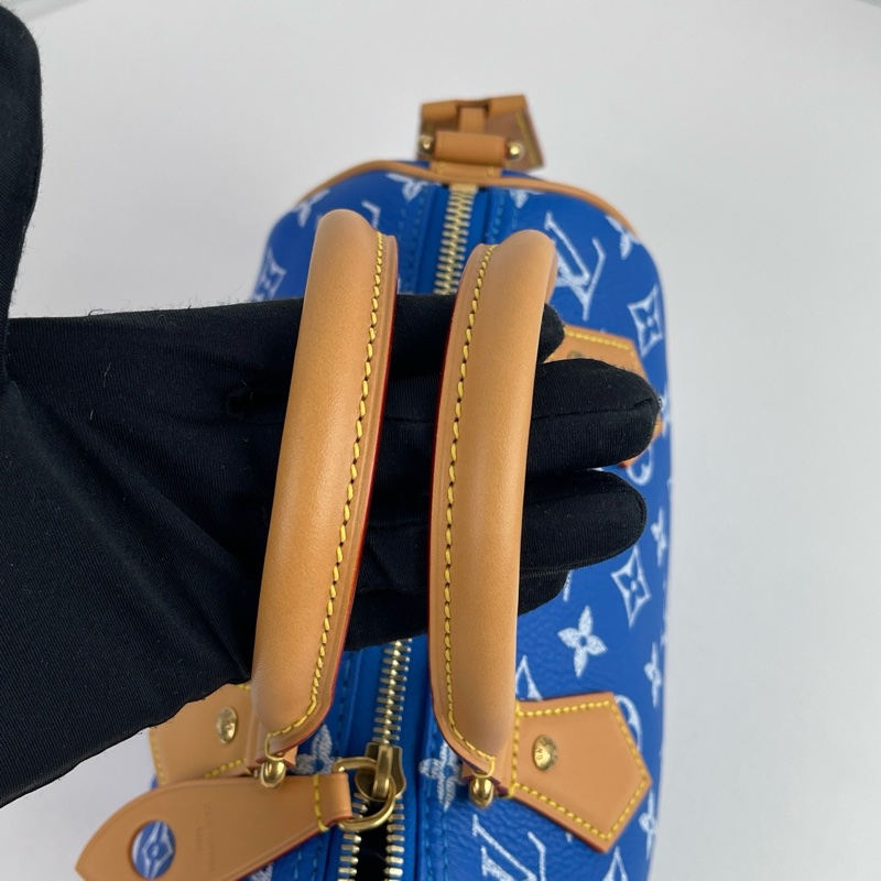 🔥 LOUIS VUITTON SPEEDY 30 藍色牛皮老花波士頓包手提包斜挎包 芯片 金色五金 ❤️正品保障-6