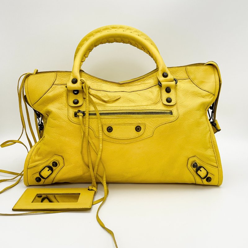 BALENCIAGA 黃色機車 大號手提肩背斜背包38*24*13 98新配件鏡子 塵袋-0