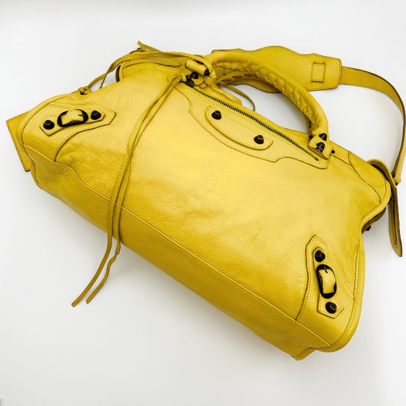 BALENCIAGA 黃色機車 大號手提肩背斜背包38*24*13 98新配件鏡子 塵袋-2