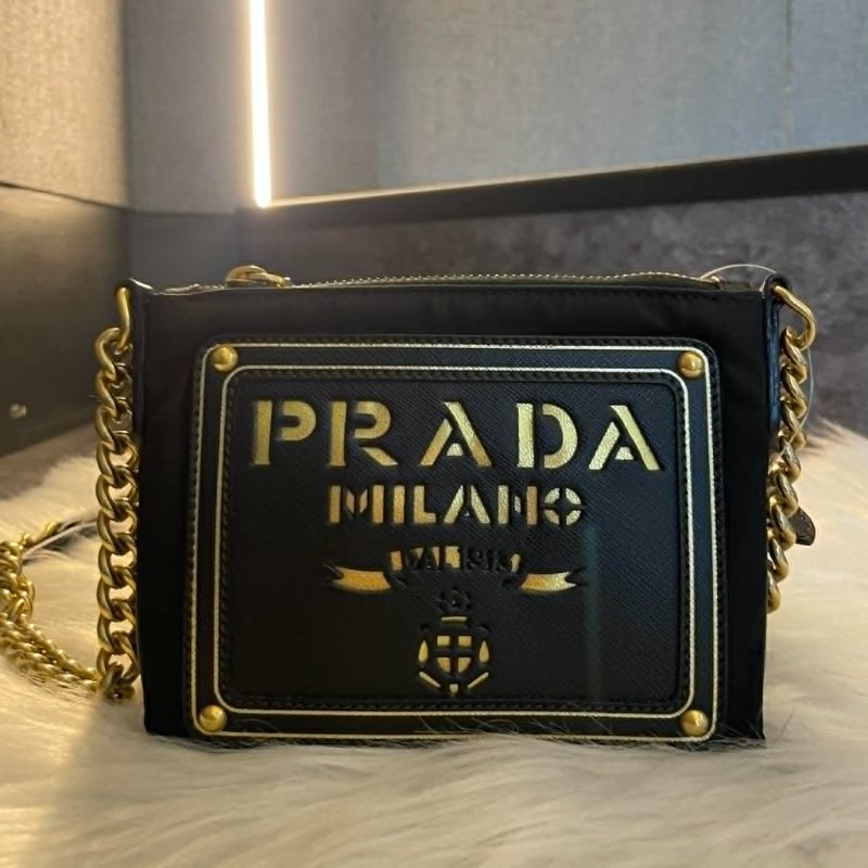 PRADA 尼龍拼接牛皮配件鏈包 黑色-4