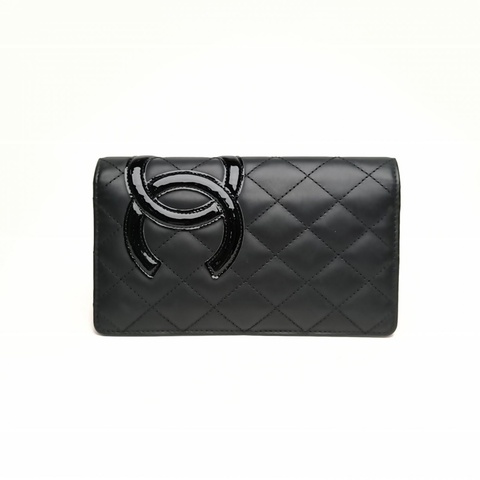 CHANEL 中古康鵬長款翻蓋錢包黑色牛皮22開銀扣