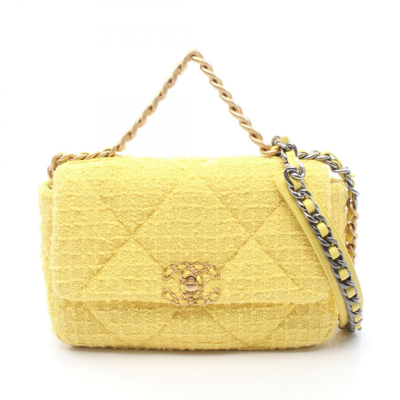 CHANEL 19 dix-neuf 馬特拉斯鏈條單肩斜背包 AS1160 粗呢 黃色-0