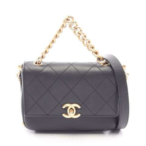香奈兒 (CHANEL) 絎縫鏈條斜挎單肩手提包，黑色皮革，二手，金色五金，女士款
