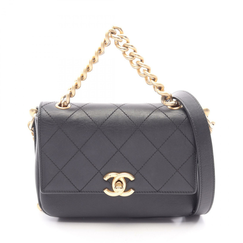 香奈兒 (CHANEL) 絎縫鏈條斜挎單肩手提包，黑色皮革，二手，金色五金，女士款-0