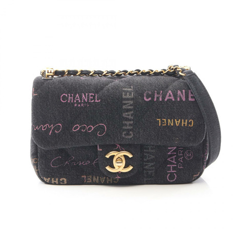 香奈兒 (CHANEL) 絎縫小號翻蓋鏈肩背包 AS3134 黑色牛仔布 金色五金 二手