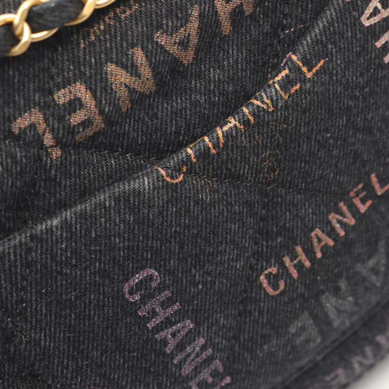 香奈兒 (CHANEL) 絎縫小號翻蓋鏈肩背包 AS3134 黑色牛仔布 金色五金 二手-5