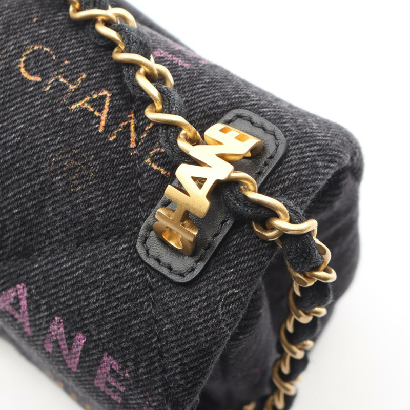 香奈兒 (CHANEL) 絎縫小號翻蓋鏈肩背包 AS3134 黑色牛仔布 金色五金 二手-7
