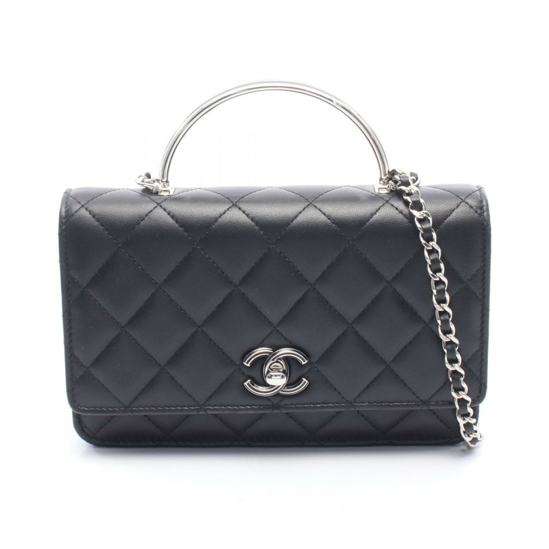 香奈兒 (CHANEL) 絎縫手柄鏈條肩背斜挎包，羊皮材質，黑色，二手，帶五金配件-0
