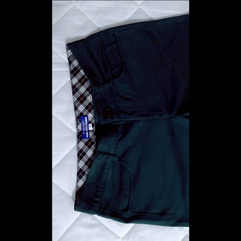 絕版BURBERRY 博柏利 BLUE LABEL 藍標 女墨綠色皮標彈性九分休閒褲38號-2