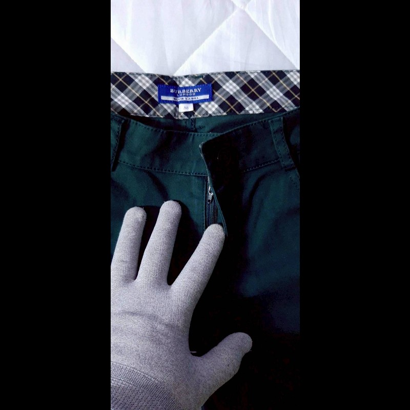 絕版BURBERRY 博柏利 BLUE LABEL 藍標 女墨綠色皮標彈性九分休閒褲38號-6