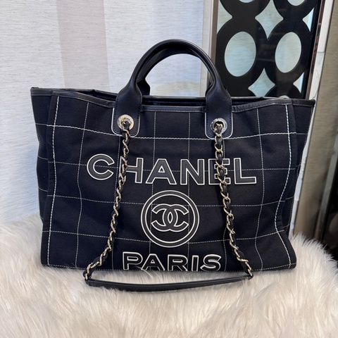 [ 近20萬 ］Chanel 黑帆布拼皮Logo手提肩背沙灘包 晶片款 膠膜在