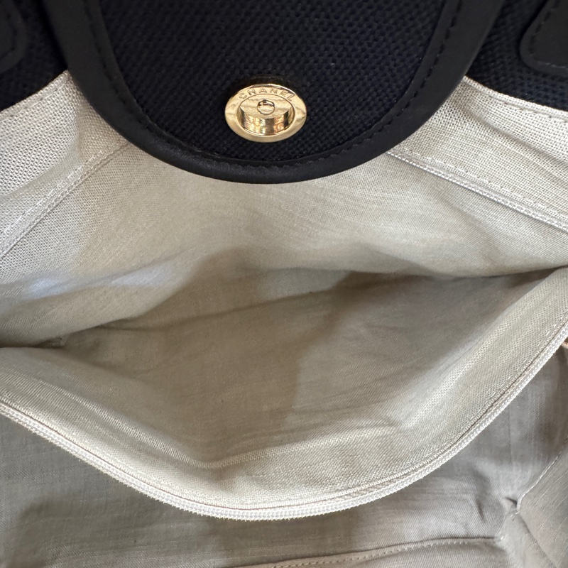 [ 近20萬 ］Chanel 黑帆布拼皮Logo手提肩背沙灘包 晶片款 膠膜在-8