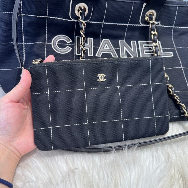[ 近20萬 ］Chanel 黑帆布拼皮Logo手提肩背沙灘包 晶片款 膠膜在-9