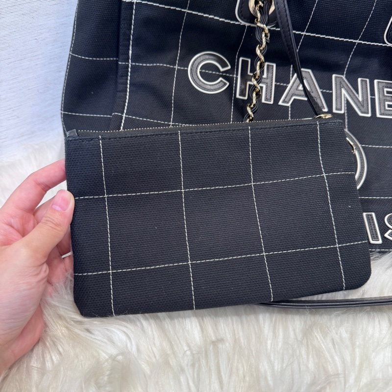 [ 近20萬 ］Chanel 黑帆布拼皮Logo手提肩背沙灘包 晶片款 膠膜在-10