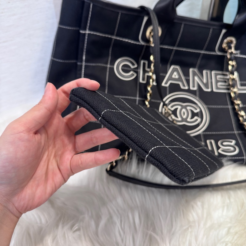 [ 近20萬 ］Chanel 黑帆布拼皮Logo手提肩背沙灘包 晶片款 膠膜在-12