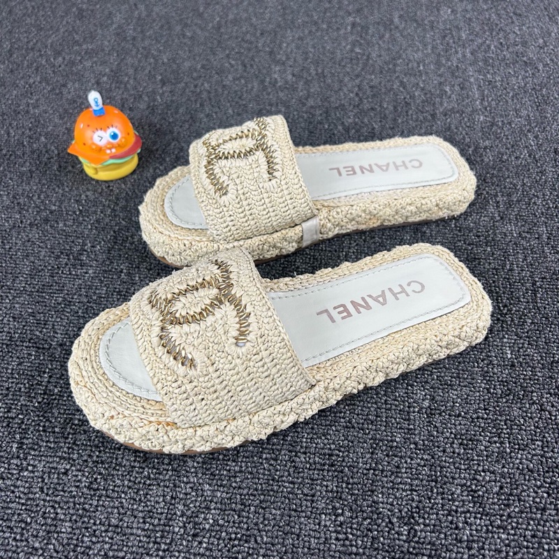Chanel香奈兒米色草編拖鞋 尺碼:36 碼🧡-0