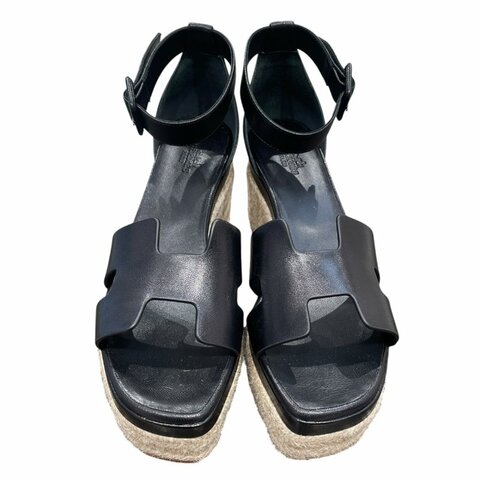 HERMES 愛馬仕 SEMELLE CUIR 楔型涼鞋 黑色 38碼