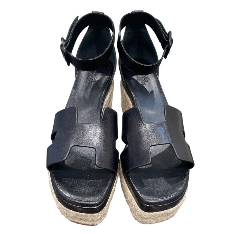 HERMES 愛馬仕 SEMELLE CUIR 楔型涼鞋 黑色 38碼-0