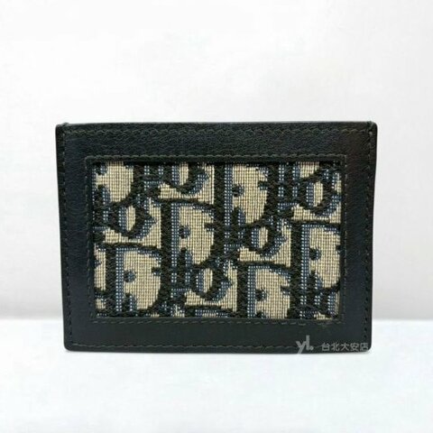 A13162-DIOR 經典老花刺繡/藍色牛皮名片夾