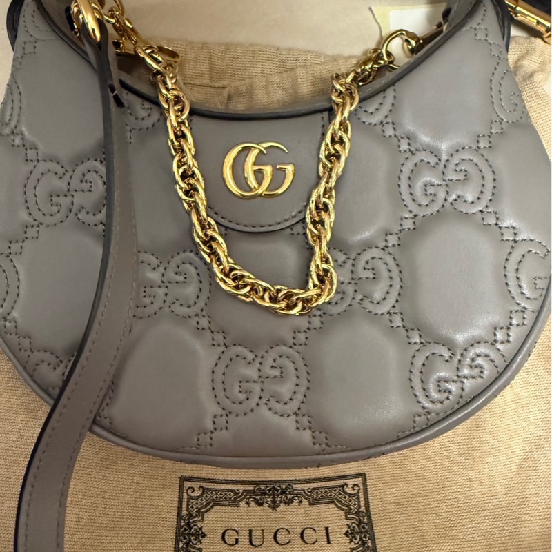 GUCCI GG Matelasse 金屬雙G LOGO絎縫皮革兩用包(灰-0