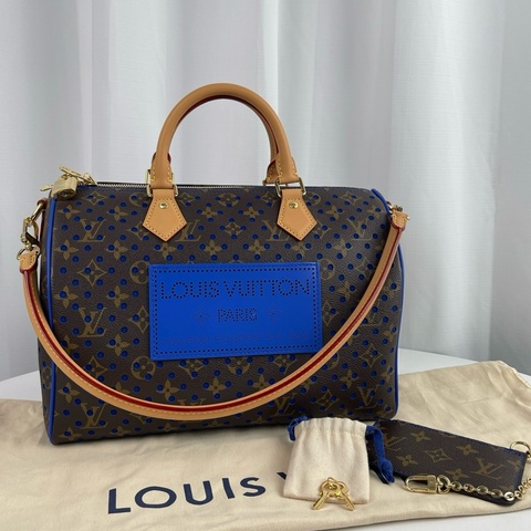 ✨99新🆕 LOUIS VUITTON SPEEDY SOFT 30雙拉鍊開合可拆卸肩帶 Monogram塗層帆布拼牛皮革單肩包手提包 女款 棕拼藍色 芯片款❤️正品保障
